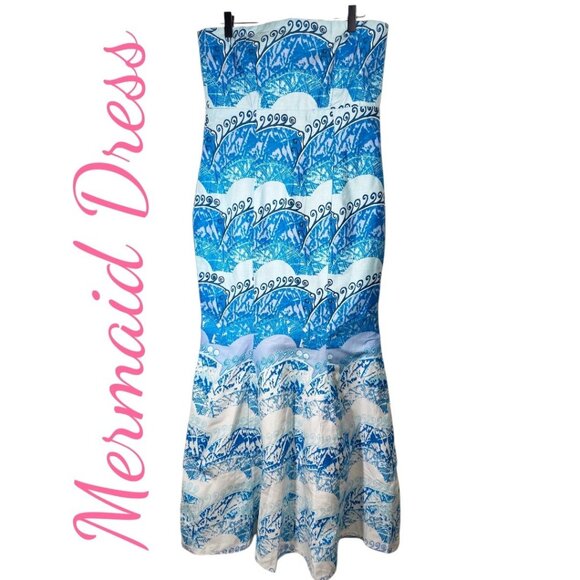 HANDMADE GHANA MERMAID STRAPLESS SEMI FORMAL MAXI DRESS BLUE WHITE - Picture 1 of 7